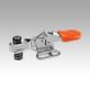 Toggle clamps mini horizontal with flat foot and adjustable clamping spindle