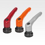 Clamping levers, die-cast zinc with internal thread and clamping force intensifier, satin finish, threaded insert black oxidised steel
