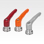 Clamping levers, die-cast zinc with internal thread and clamping force intensifier, satin finish, threaded insert stainless steel