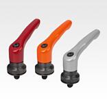 Clamping levers, die-cast zinc with external thread and clamping force intensifier, satin finish, threaded insert black oxidised steel