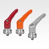 Clamping levers, die-cast zinc with external thread and clamping force intensifier, satin finish, threaded insert stainless steel