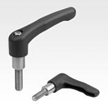 Clamping levers, plastic with external thread and long collar, threaded pin stainless steel