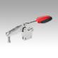 Toggle clamps horizontal with safety interlock with straight foot and adjustable clamping spindle, stainless steel
