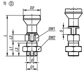Actuating elements for indexing plungers with remote actuation, with plastic mushroom grip, locking slot and locknut