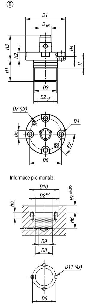 Polohovací válce pneumatické, provedení B