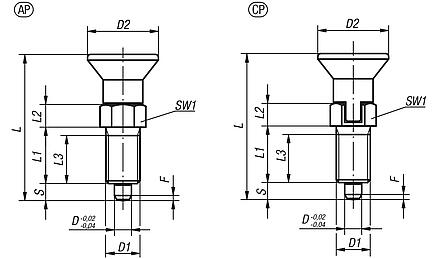 Indexing plungers, steel or stainless steel with plastic mushroom grip and thread lock