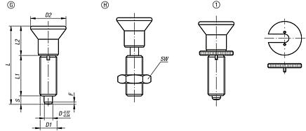 Indexing plungers, steel or stainless steel, without collar, with plastic mushroom grip and extended indexing pin