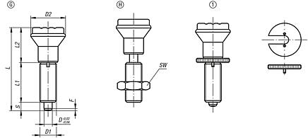 Indexing plungers, steel or stainless steel without collar, with plastic mushroom grip and cap