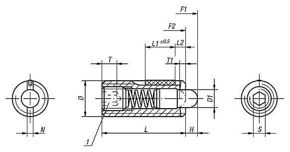 Spring plungers with hexagon socket and thrust pin, steel, strong spring force, with thread lock