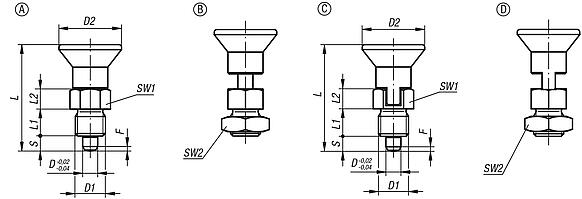 Indexing plungers, steel or stainless steel, short version with plastic mushroom grip