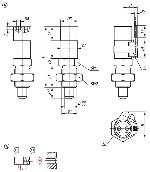 Indexing plungers, stainless steel, pneumatic, Form A, single-acting, pneumatic extension