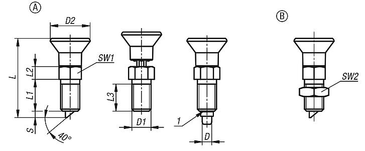 Indexing plungers, steel or stainless steel with plastic mushroom grip, rotation lock and lead-in chamfer