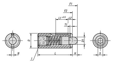 Spring plungers with hexagon socket and thrust pin, stainless steel, standard spring force, with thread lock - inch