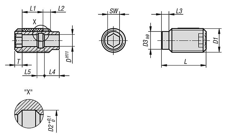 Locating bushes for ball lock pins, with thread lock