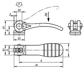 Cam levers, plastic, with internal thread, plastic-metal thrust washer