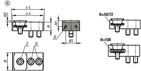 Wedge clamps with fixed jaw, Form B, serrated jaw face