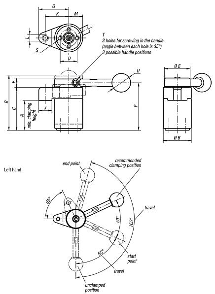 Swing clamps, left-hand version