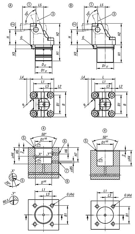 Otočné pákové upínače, hydraulické, dvojčinné / jednočinné s návratem pomocí pružiny