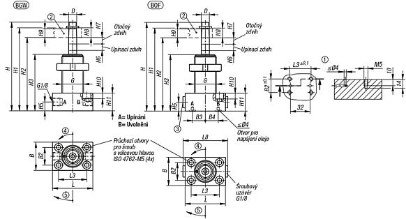 Otočné upínače, hydraulické, kompaktní dvojčinné / jednočinné s návratem pomocí pružiny