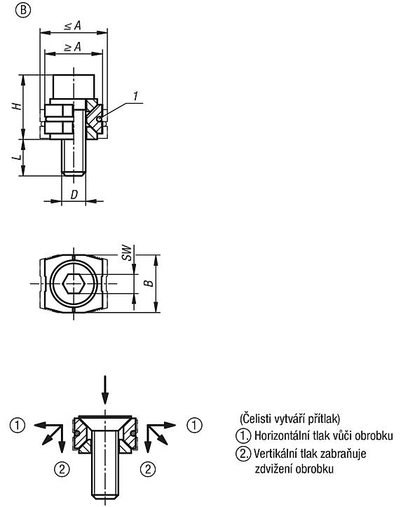 Klínový spínač z oceli, s klínovými plochami, se šroubem s válcovou hlavou, provedení B