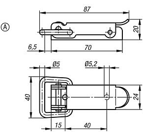 Latches, steel or stainless steel, with draw bail, fastening holes concealed, Form A