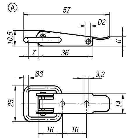 Latches, steel or stainless steel, with draw bail for up to 2000N, fastening holes concealed, Form A