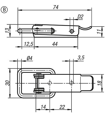 Latches, steel or stainless steel, with draw bail for up to 2000N, fastening holes concealed, Form B
