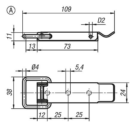 Latches, steel or stainless steel, with draw bail for up to 3000N, fastening holes concealed, Form A