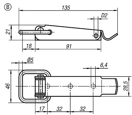 Latches, steel or stainless steel, with draw bail for up to 3000N, fastening holes concealed, Form B