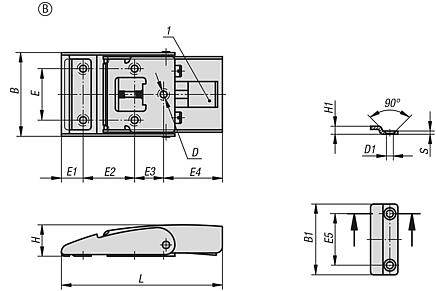 Latches, stainless steel, with metal plate hook and release, fastening holes concealed, Form B
