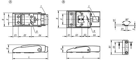 Latches, stainless steel, with metal plate hook and release, fastening holes concealed