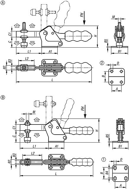 Toggle clamps, steel, black, horizontal with horizontal foot and adjustable clamping spindle