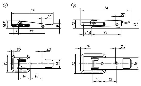 Latches, steel or stainless steel, with draw bail for up to 2000N, fastening holes concealed