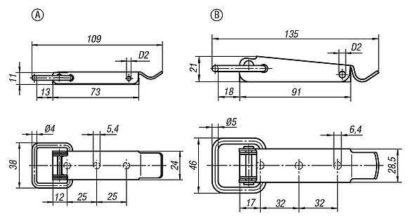 Latches, steel or stainless steel, with draw bail for up to 3000N, fastening holes concealed