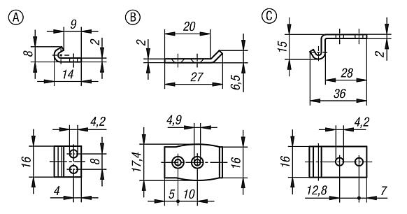 Catch plates for latches with adjustable metal plate hooks for up to 1000N, short version