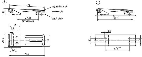 Latches, steel or stainless steel, with adjustable metal plate hooks for up to 4000N, fastening holes concealed, long version, Form A, standard