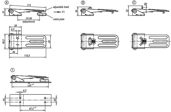Latches, steel or stainless steel, with adjustable metal plate hooks for up to 4000N, fastening holes concealed, long version