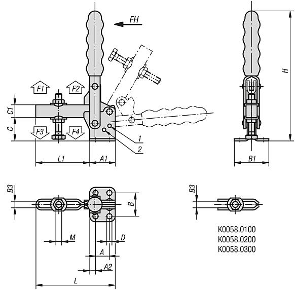 Toggle clamps vertical with flat foot and adjustable clamping spindle