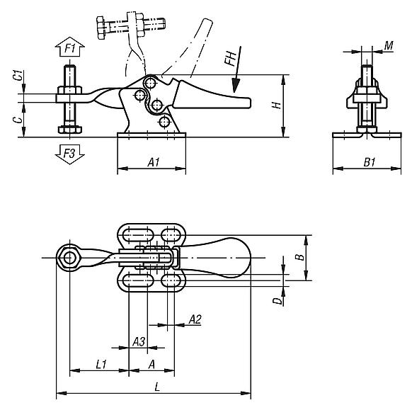 Toggle clamps mini horizontal with flat foot and fixed clamping spindle