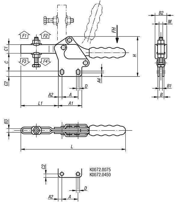 Toggle clamps horizontal with straight foot and adjustable clamping spindle
