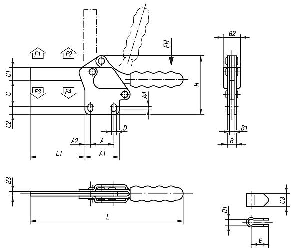 Toggle clamps horizontal with straight foot and full holding arm