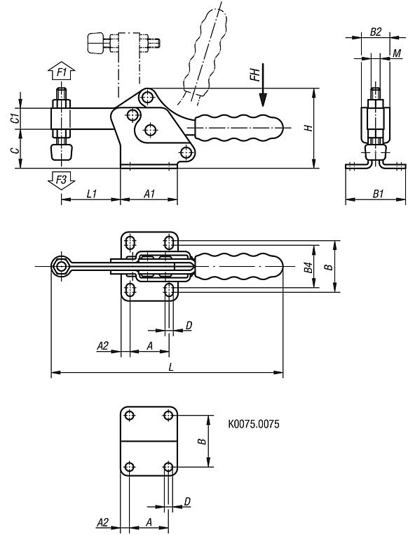 Toggle clamps horizontal with flat foot and fixed clamping spindle