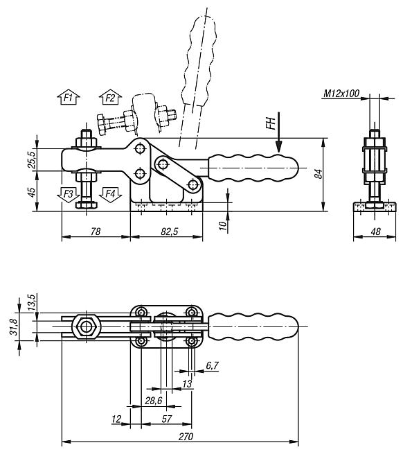 Toggle clamps horizontal heavy-duty with adjustable clamping spindle