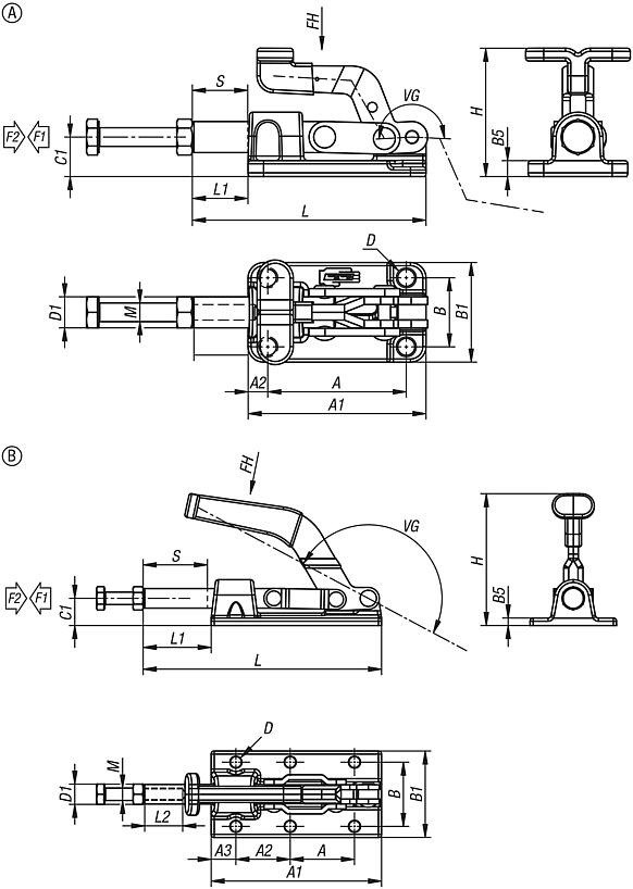Push-pull toggle clamps, steel or stainless steel 
retaining force up to 3150 N