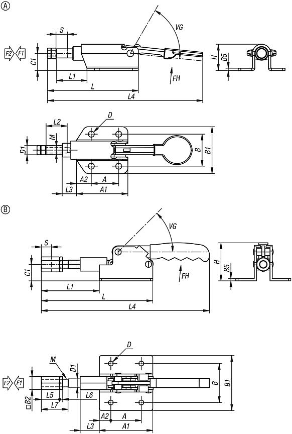 Push-pull toggle clamps, steel, horizontal 
retaining force up to 3000 N