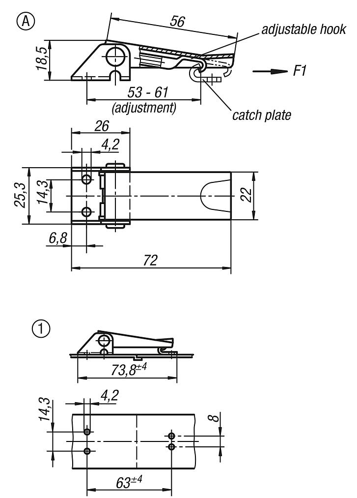 Latches, steel or stainless steel, with adjustable metal plate hooks for up to 1000N, fastening holes visible, short version, Form A, standard