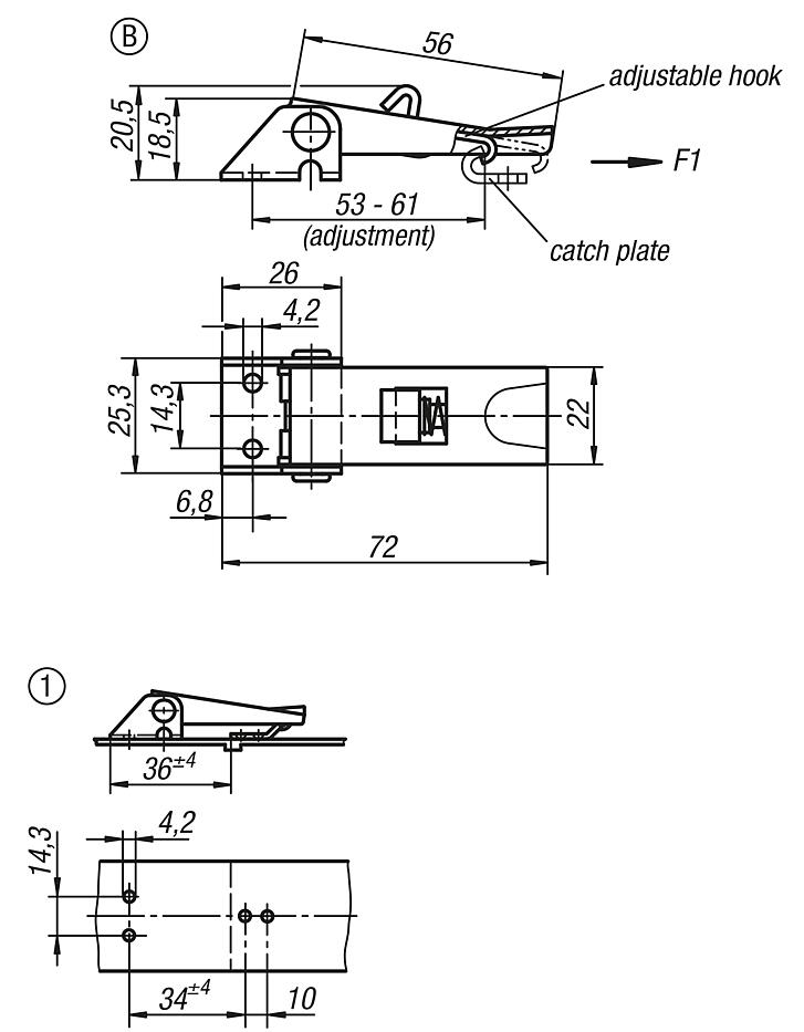 Latches, steel or stainless steel, with metal plate hooks for up to 1000N, fastening holes visible, short version, Form B, with lock