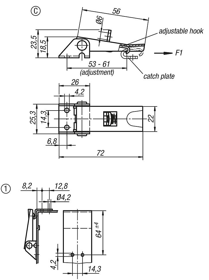 Latches, steel or stainless steel, with adjustable metal plate hooks for up to 1000N, fastening holes visible, short version, Form C, with padlock bracket