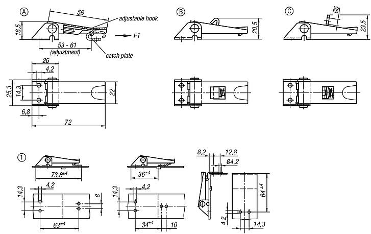 Latches, steel or stainless steel, with adjustable metal plate hook for up to 1000N, fastening holes visible, short version