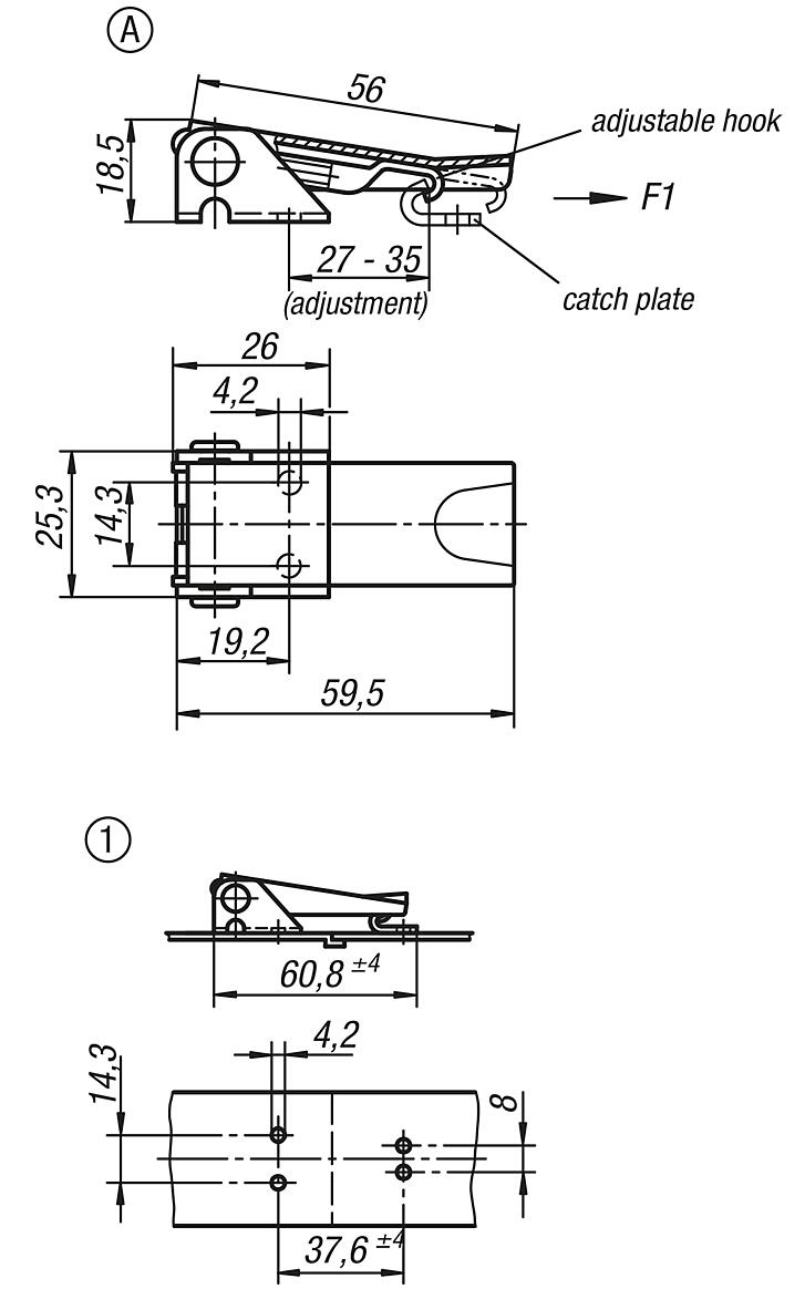 Latches, steel or stainless steel, with adjustable metal plate hooks for up to 1000N, fastening holes concealed, short version, Form A, standard